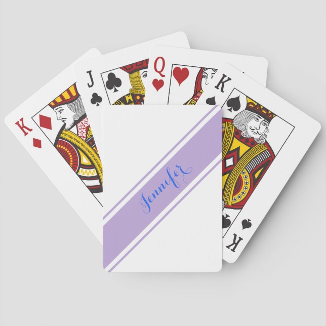 Blue Script Name, Lavender Stripes on White, Vs 2 Playing Cards (Back)