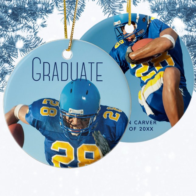 Blue Script Overlay Graduate 2 Photo Personalized Ceramic Ornament (Creator Uploaded)