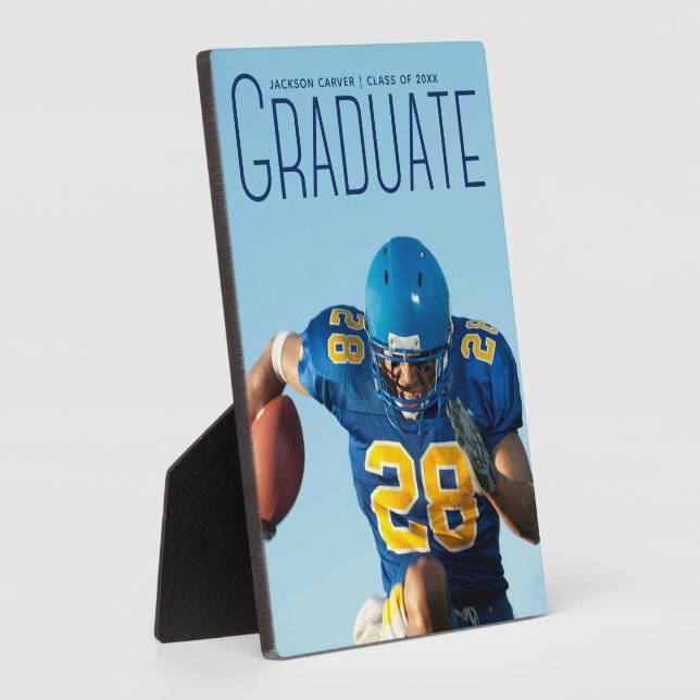Blue Script Overlay Graduate Football Player Photo Plaque (Side)