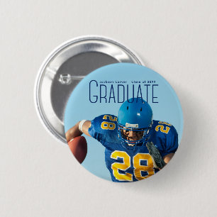 Blue Script Overlay Graduate Photo Football Player 2 Inch Round Button