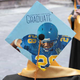 Blue Script Overlay Graduate Photo Football Player Graduation Cap Topper