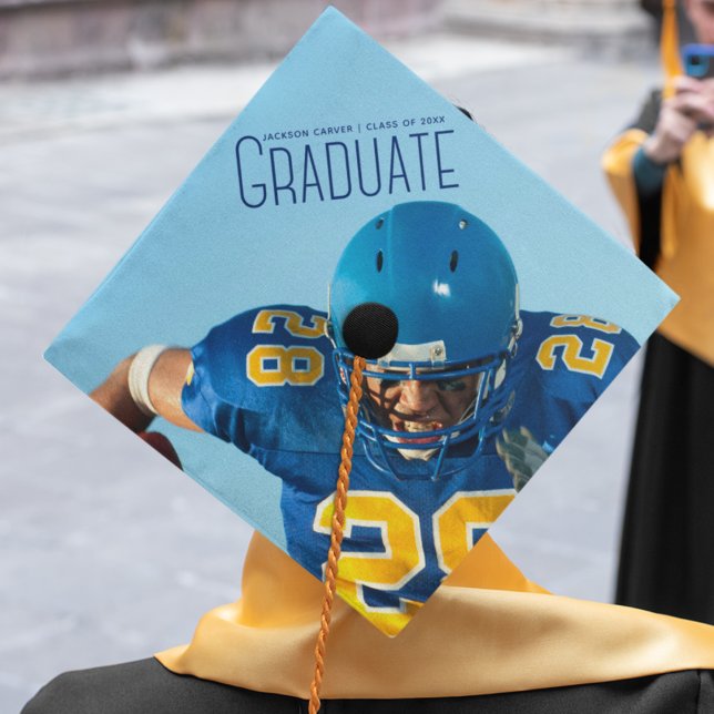 Blue Script Overlay Graduate Photo Football Player Graduation Cap Topper (Creator Uploaded)