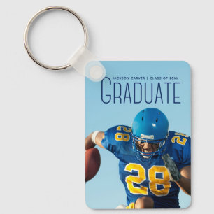Blue Script Overlay Graduate Photo Football Player Keychain