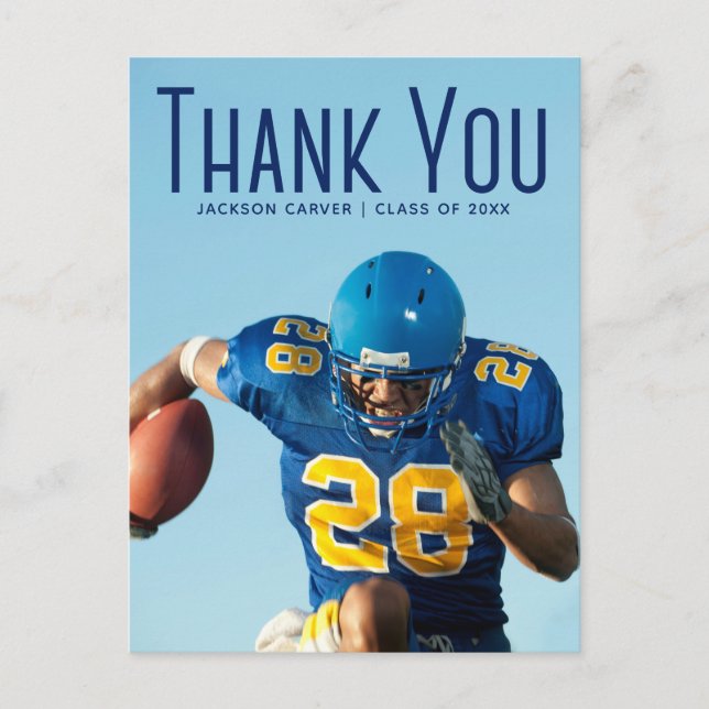 Blue Script Overlay Graduate Photo Thank You Postcard (Front)