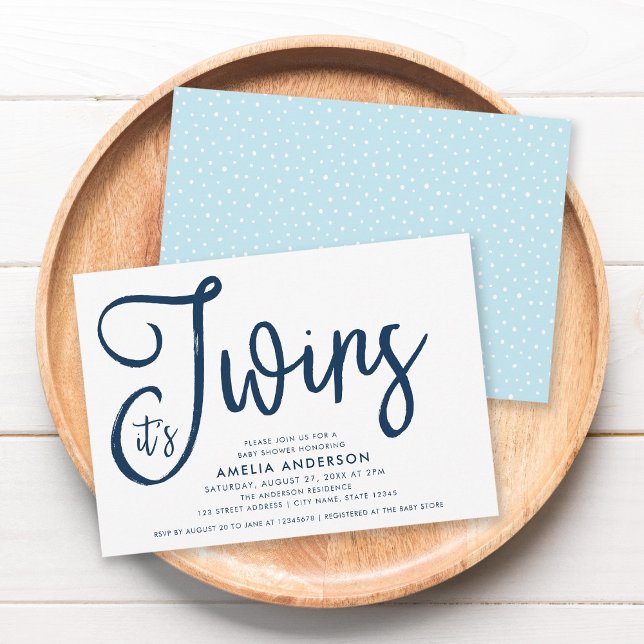 Blue Script & Pastel Blue It's Twins Baby Shower Invitation (Creator Uploaded)