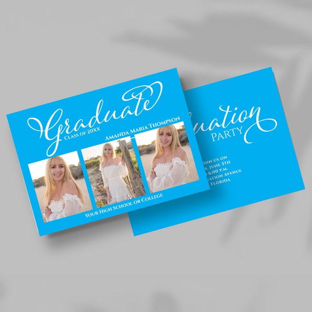 Blue Script Photo Collage Graduation Announcement (Front view of blue script photo collage graduation announcement with three senior portraits.)