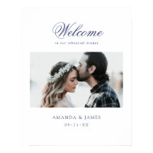 Blue Script Photo Wedding Rehearsal Dinner Welcome