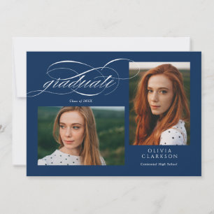 Blue Script QR Code 3 Photo Graduation Party Invitation