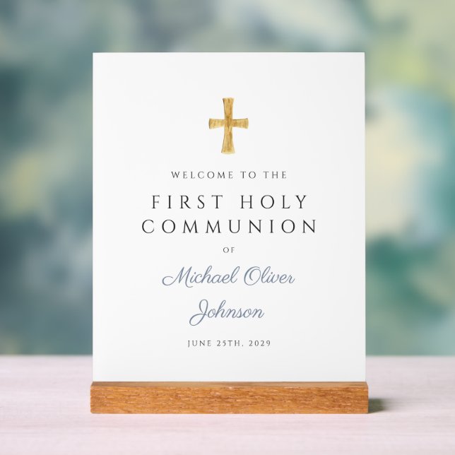 Blue Script Religious Boy First Communion Welcome Acrylic Sign (Neutral)
