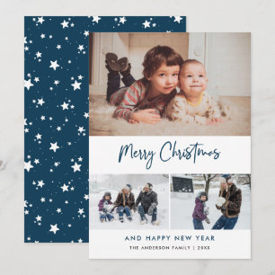 Blue Script Stars Christmas 3 Photo Collage Holiday Card