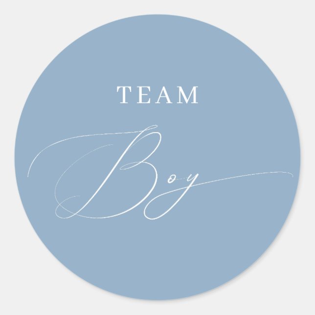 Blue Script Team Boy Gender Reveal  Classic Round Sticker (Front)