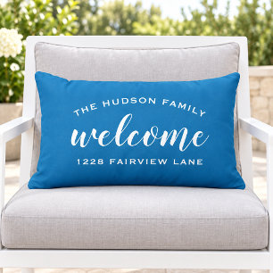 Blue Script Welcome Monogram Porch Lumbar Pillow