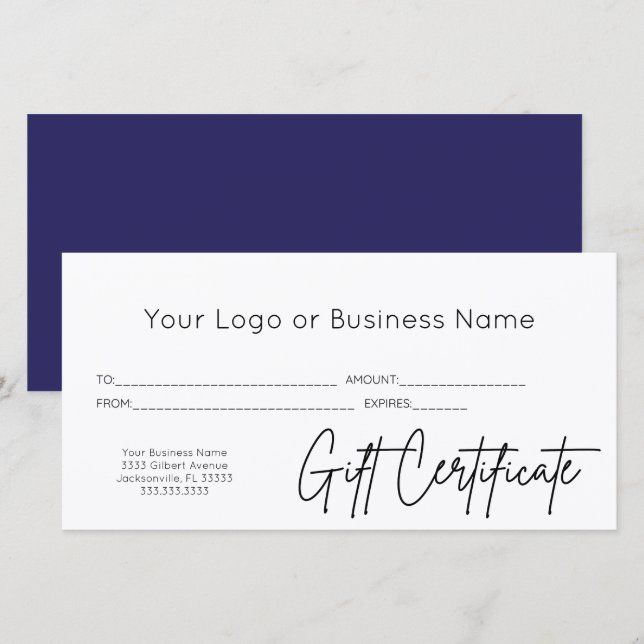 Blue Script Your Logo Business Gift Certificate (Front/Back)