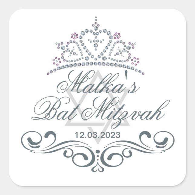 Blue scrolls, Tiara, Star of David Bat Mitzvah Square Sticker (Front)