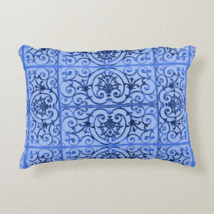 Blue scrollwork pattern accent pillow
