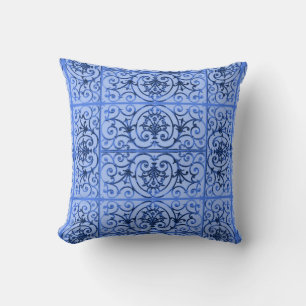 Blue scrollwork pattern throw pillow
