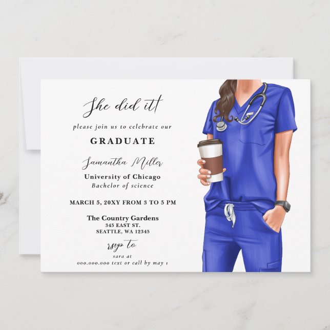Blue Scrubs Nurse Photo She Did It Graduation Invitation (Front)