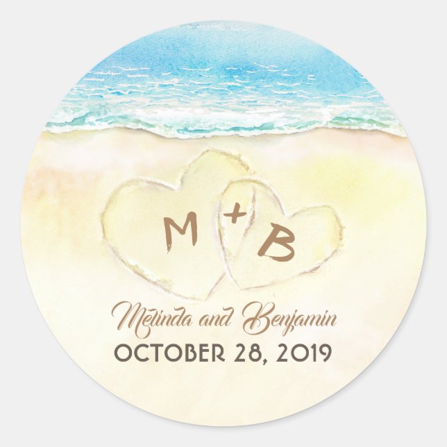 Blue Sea and Sand Heart Initials Wedding Classic Round Sticker (Front)