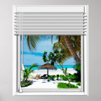 Blue Sea Beach View Fake Window With Blinds
