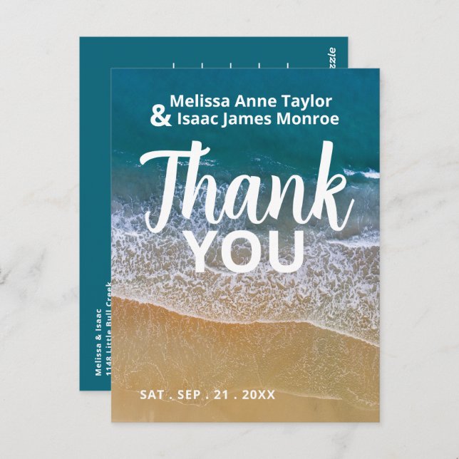 Blue Sea Beach Wedding Thank You Postcard (Front/Back)