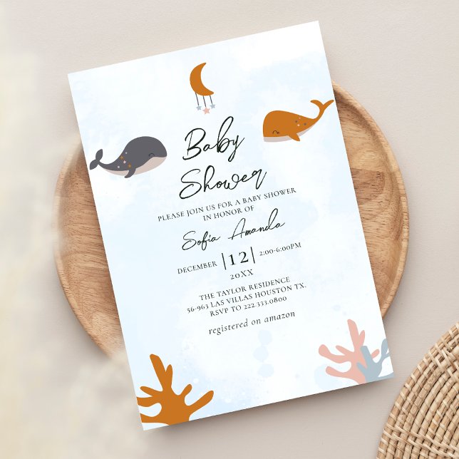 Blue Sea Boho Cute Whale Baby Shower Invitation (Creator Uploaded)