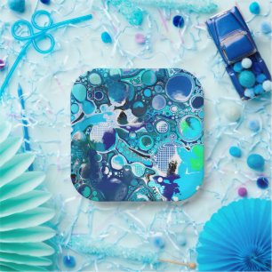 Blue Sea Bubbles Abstract Art Paper Plate