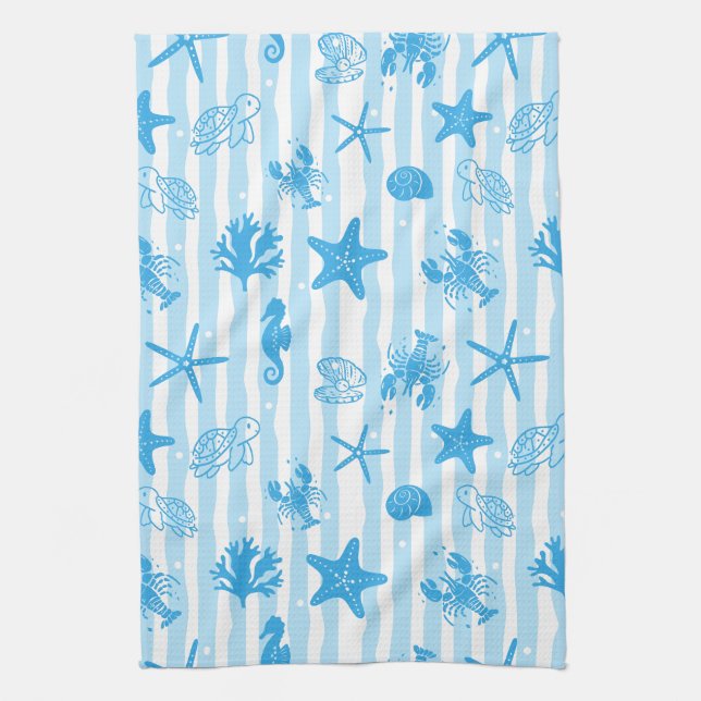 Blue Sea Creatures Nautical Doodle Pattern Kitchen Towel (Vertical)
