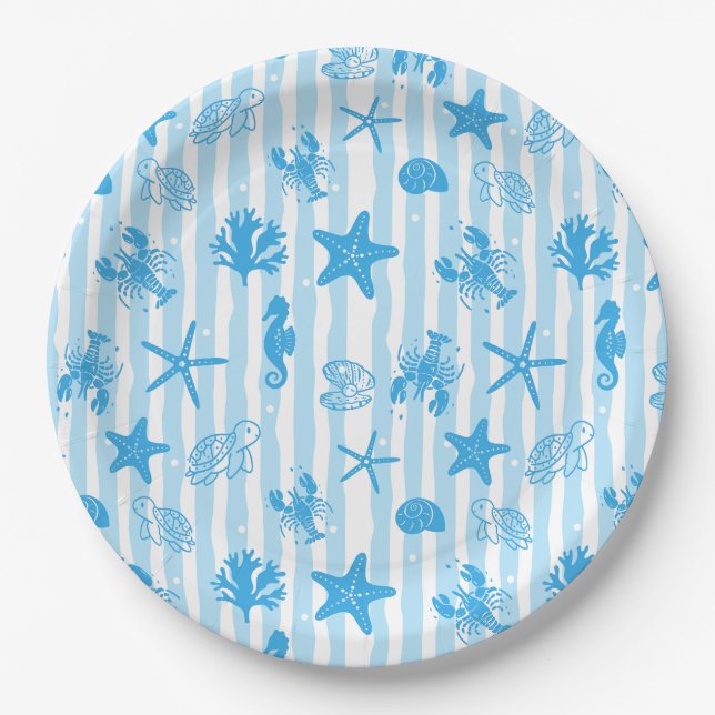 Blue Sea Creatures Nautical Doodle Pattern Paper Plate (Front)