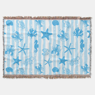 Blue Sea Creatures Nautical Doodle Pattern Throw Blanket
