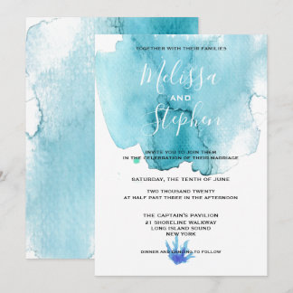 Blue Sea Foam Watercolor Beach Wedding Invitation