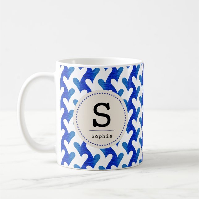 Blue Sea Heart Pattern with modern Monogram Coffee Mug (Left)