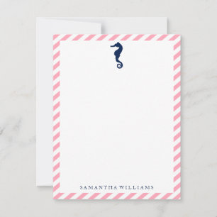 Blue Sea Horse on Pink Stripes Note Cards