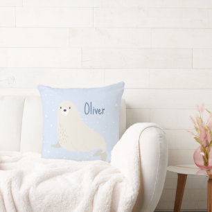 Blue Sea Lion Arctic Animal Nursery Monogram Name Throw Pillow
