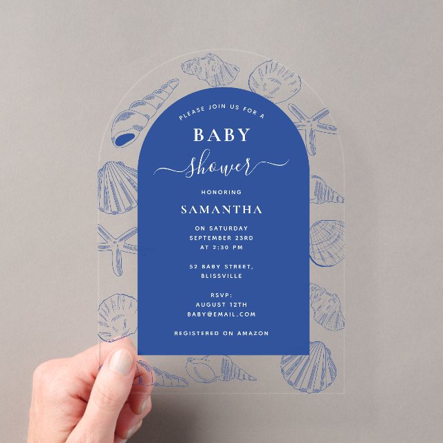 Blue Sea Shells Beach Summer Arch Baby Shower  Acrylic Invitations (Insitu (Handheld))