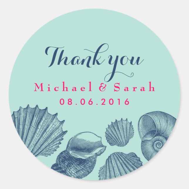 Blue Sea shells Beach Wedding Sticker Merci (Devant)
