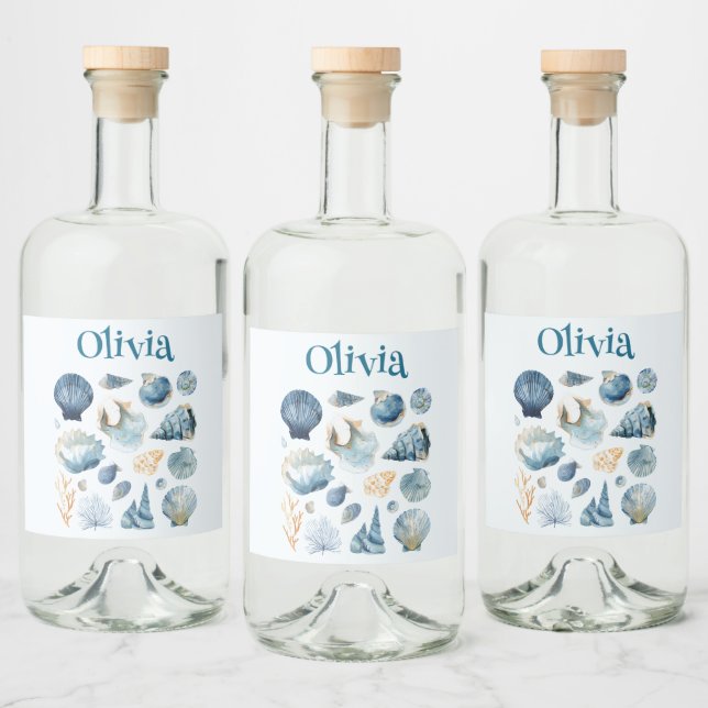 Blue Sea Shells Liquor Label | Custom Name (Bottles)