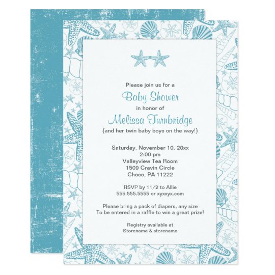 Blue Sea Shells Starfish Twin boy baby shower Card