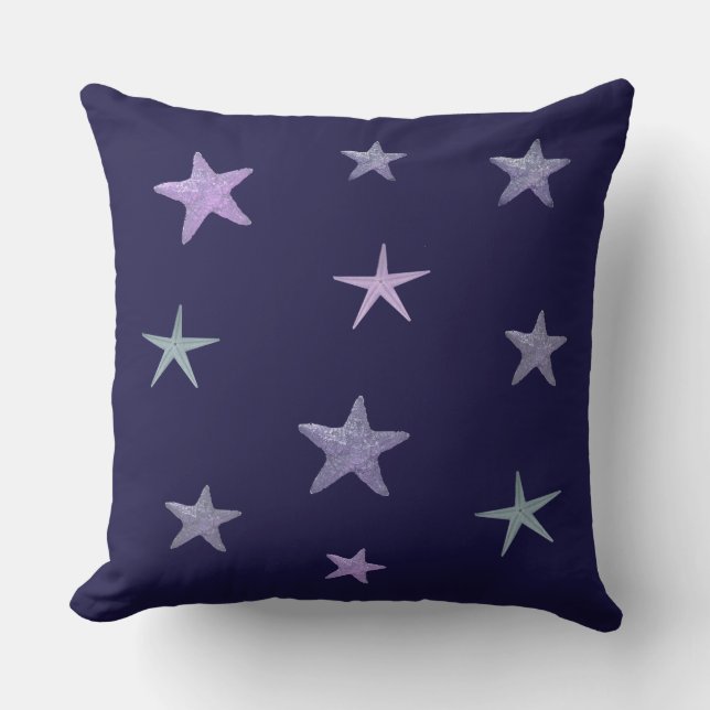 Blue sea stars on navy blue throw pillow (Front)