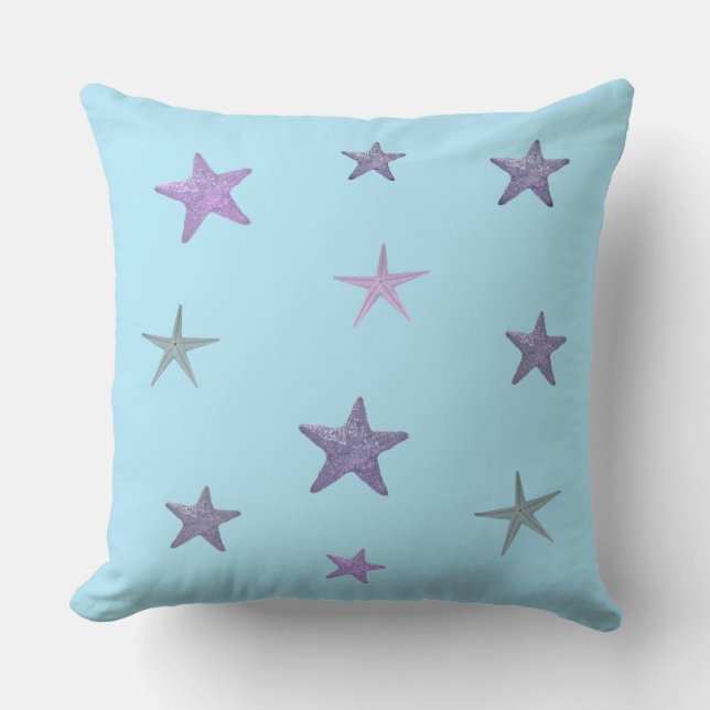 Blue sea stars on turquoise throw pillow (Front)