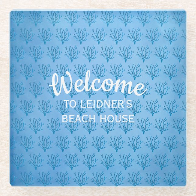 Blue sea tree corals pattern on blue background glass coaster (Front)