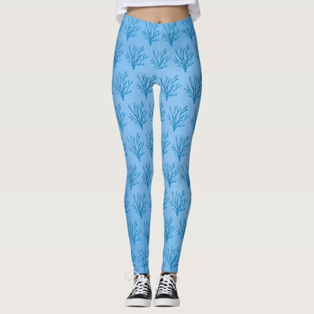 Blue sea tree corals pattern on blue background leggings (Front)