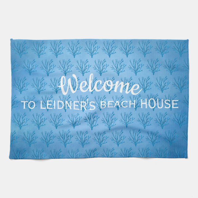 Blue sea tree corals pattern on blue kitchen towel (Horizontal)