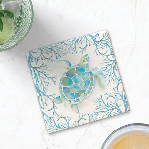 Blue Sea Turtle and Coral Reef Stone Coaster