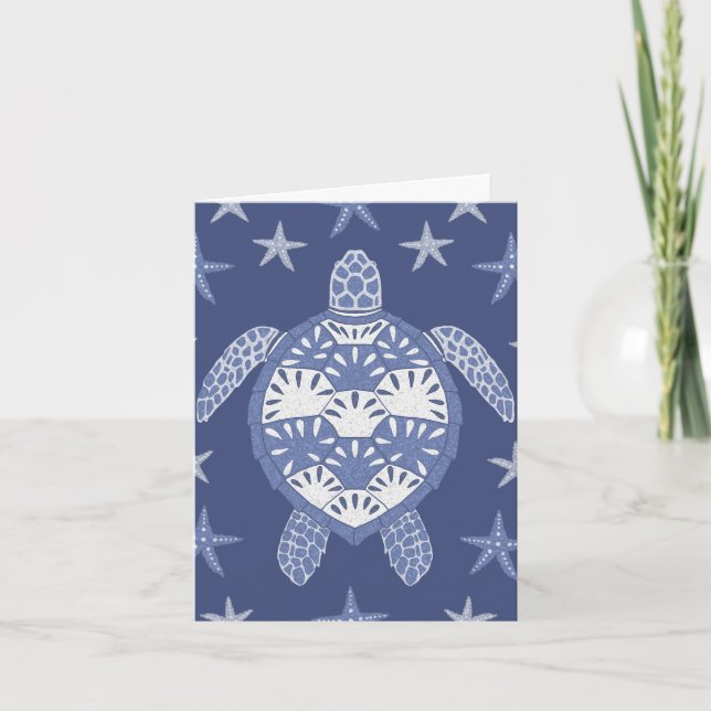 Blue Sea Turtle and Starfish Blank Note Card (Front)