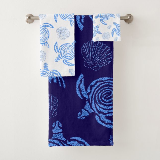 Blue Sea Turtle Coastal Ocean Pattern Bath Towel Set (Insitu)