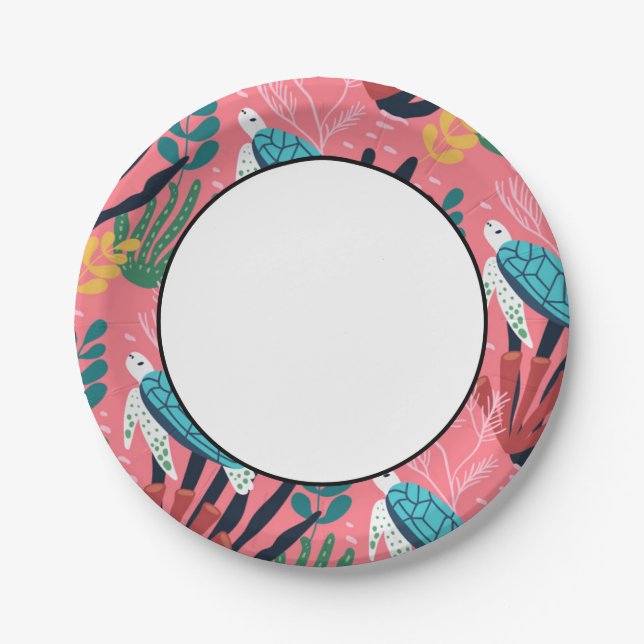 Blue Sea Turtle Fern Under Sea Pink  Paper Plate (Front)