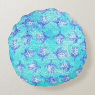 Blue Sea Turtle Print Round Pillow