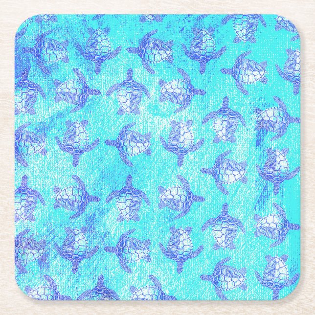 Blue Sea Turtle Print Square Paper Coaster (Front)