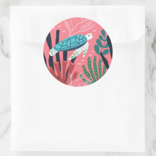 Blue Sea Turtle Under the Ocean Fern Botanicals Classic Round Sticker