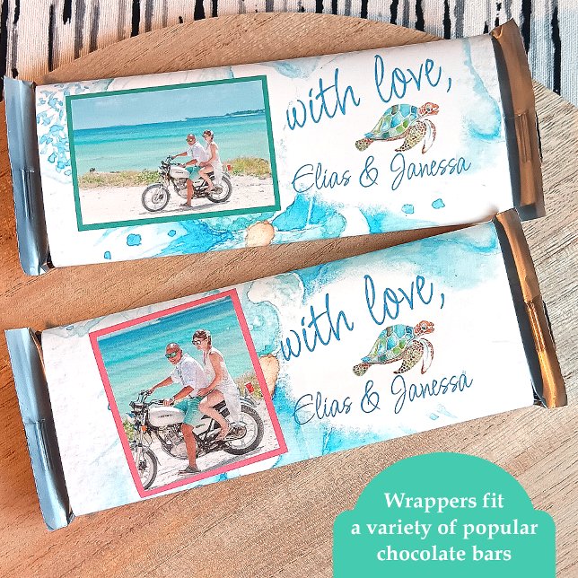 Blue Sea Turtle Wedding Candy Bar Wrapper (tropical blue wedding party favor candy wrappers, personalized blue chocolate labels sea turtles)